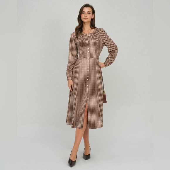 Brown Gingham Button A-Line Midi Dress - Picture 4 of 6